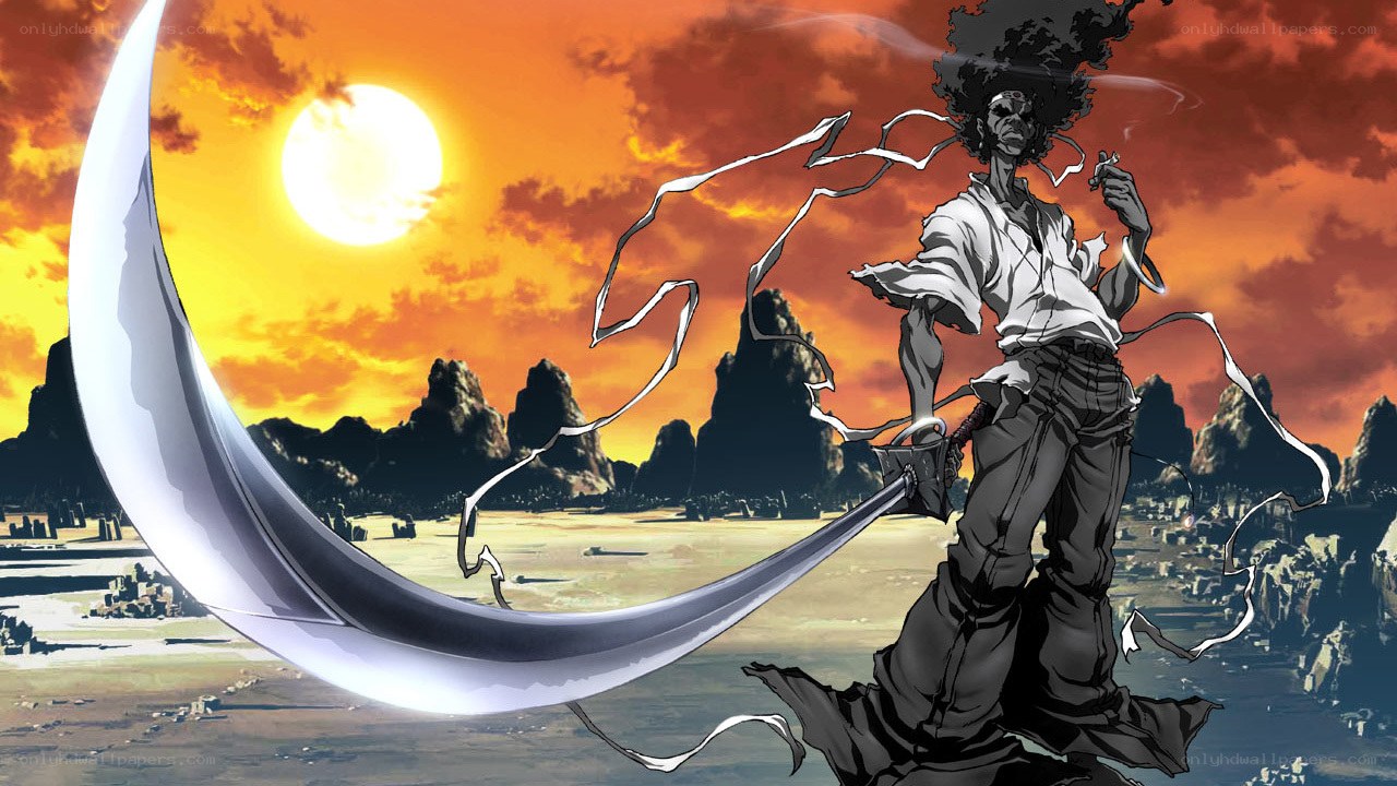 Anime warrior with scythe at sunset