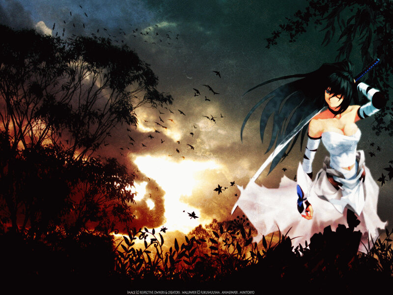 anime warrior with sword at sunset