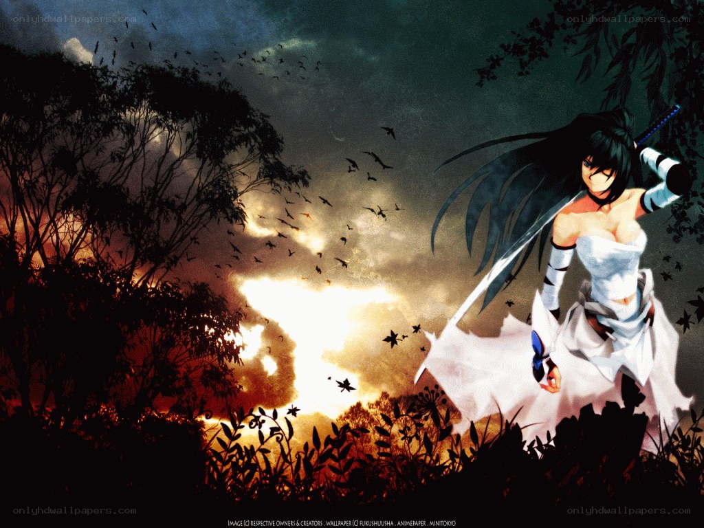 anime warrior with sword at sunset