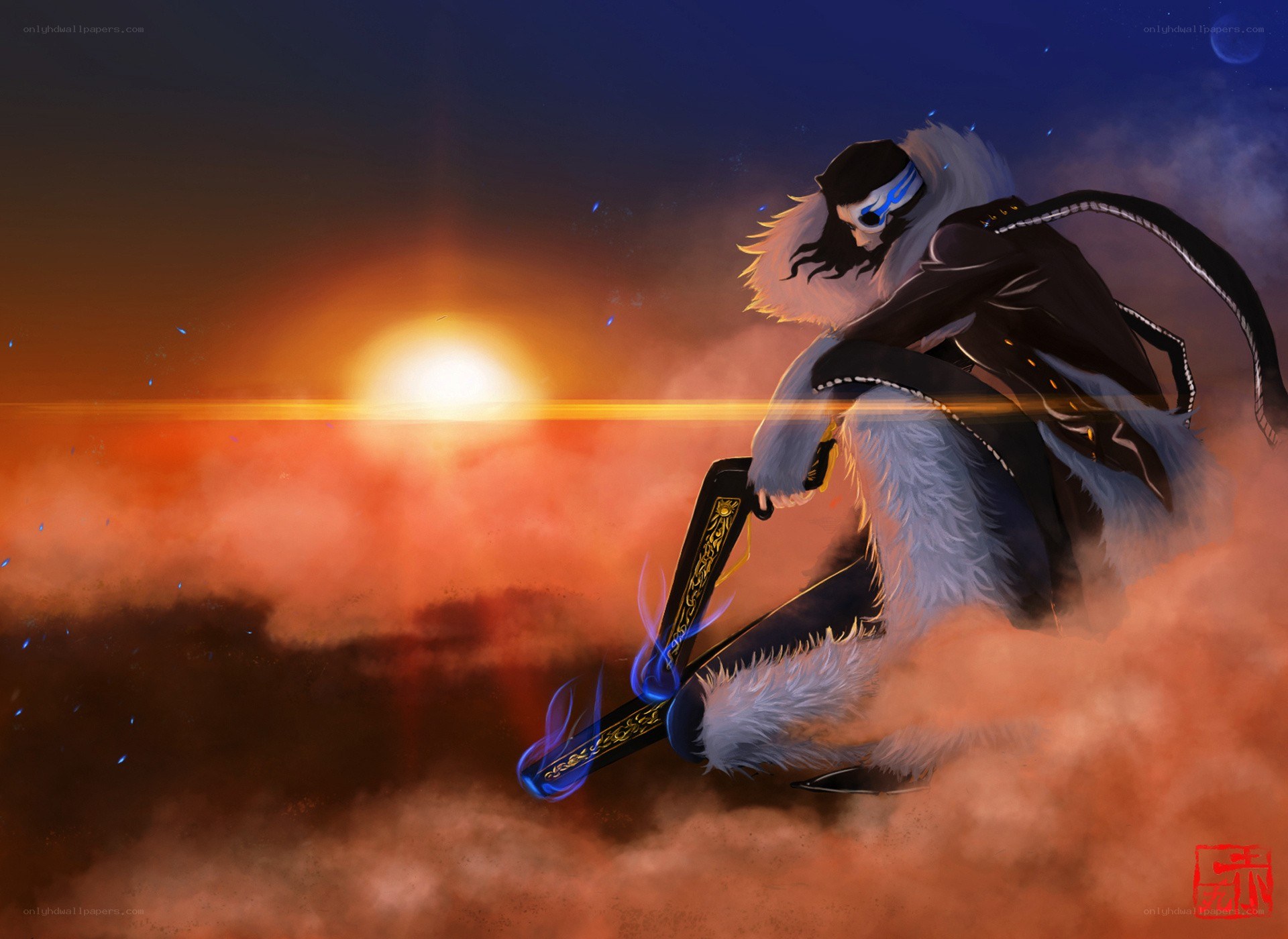 Anime warrior with sword at sunset