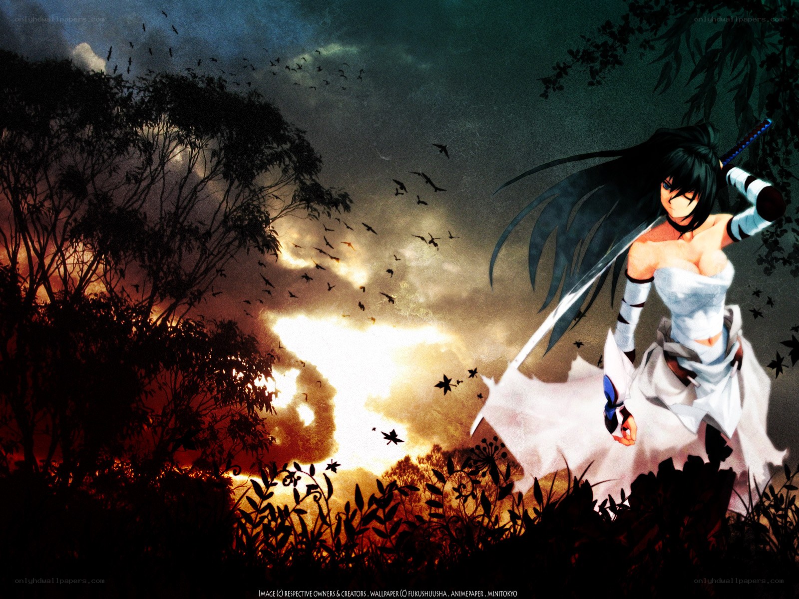 Anime warrior with sword at sunset