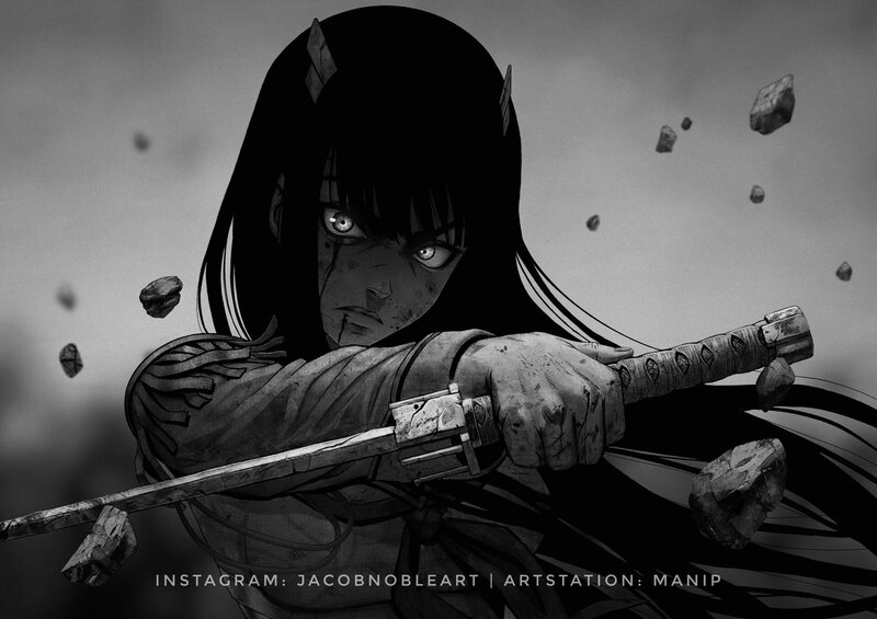 Anime Warrior with Sword — Black, Dramatic, Manga, Rocks