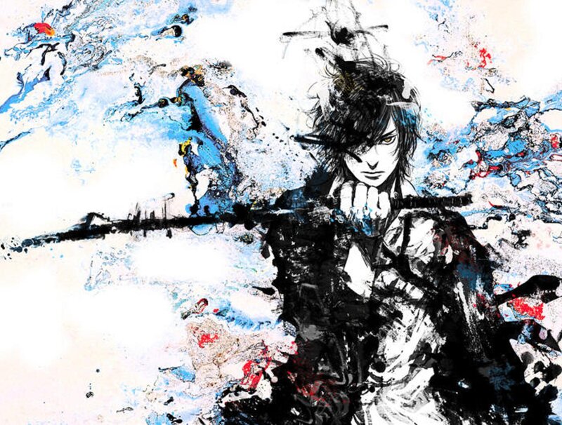 Anime Warrior with Sword — Black, Dramatic, Manga, Splatter