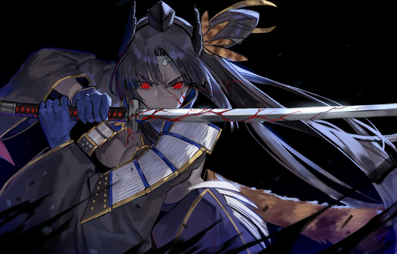 Anime Warrior with Sword — Black, Dramatic, Night, Digital Art, Red Eyes