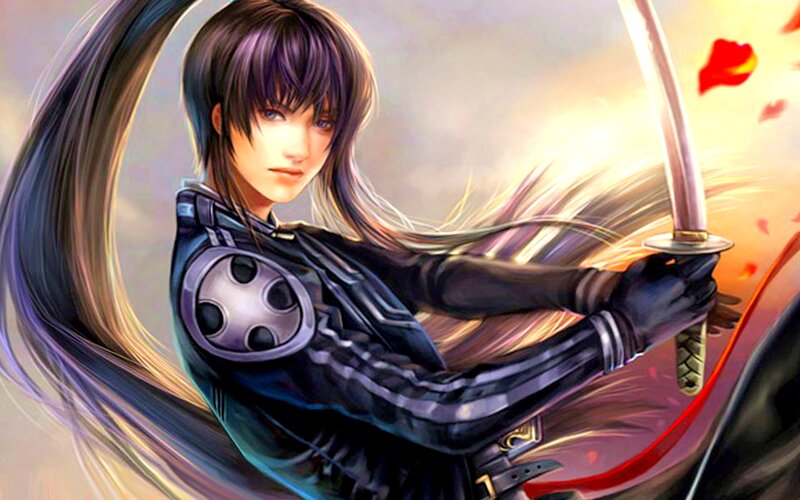Anime Warrior with Sword — Black, Dramatic, Sunset, Digital Art