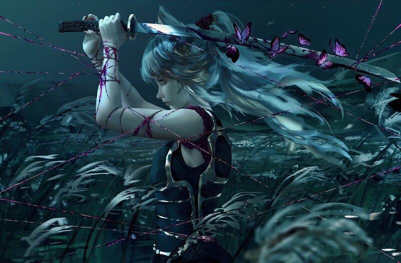 Anime Warrior with Sword — Blue, Dramatic, Night, Digital Art