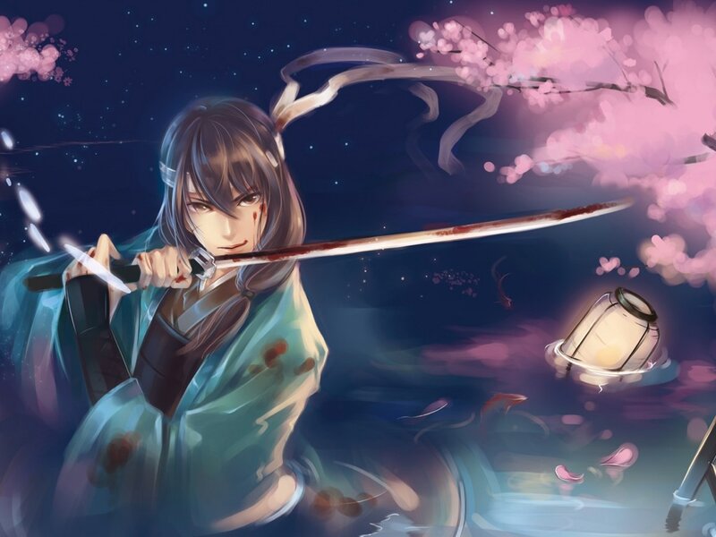 Anime Warrior with Sword — Blue, Dramatic, Night