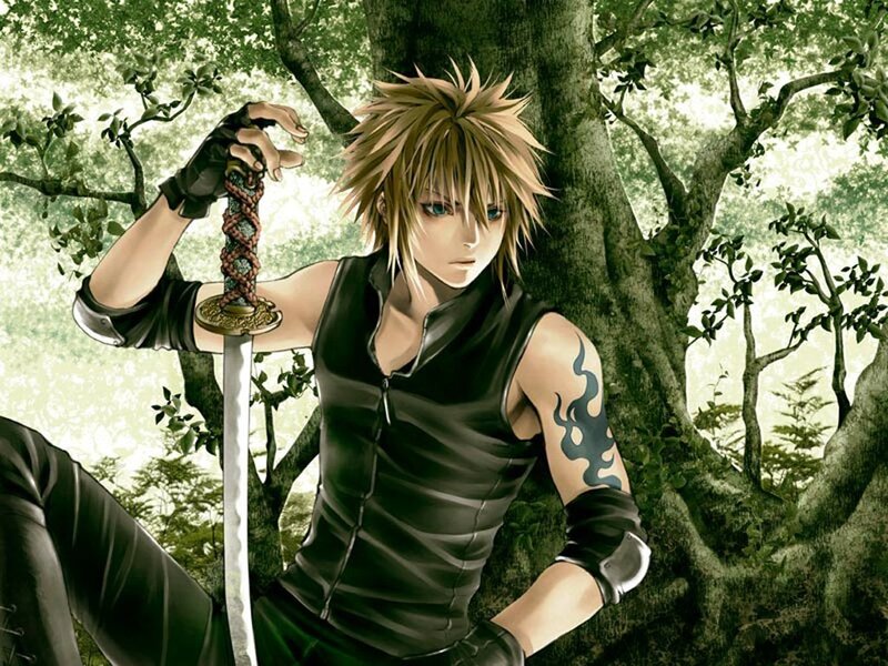 Anime warrior with sword in forest