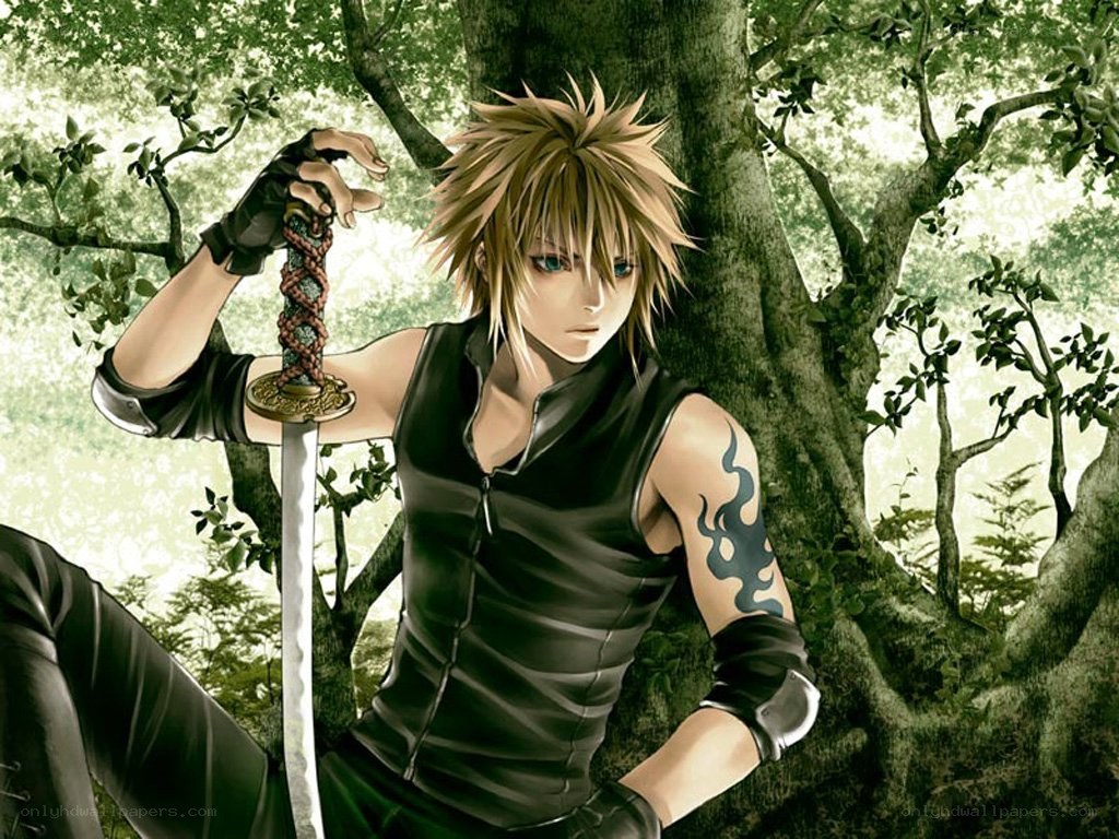 Anime warrior with sword in forest