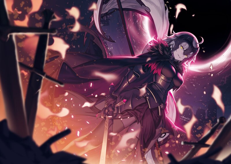 Anime Warrior with Sword — Purple, Dramatic, Night, Digital Art, Cape, Cityscape