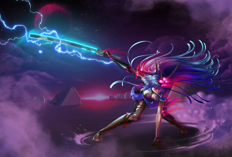 Anime Warrior with Sword — Purple, Dramatic, Night, Digital Art, Lightning