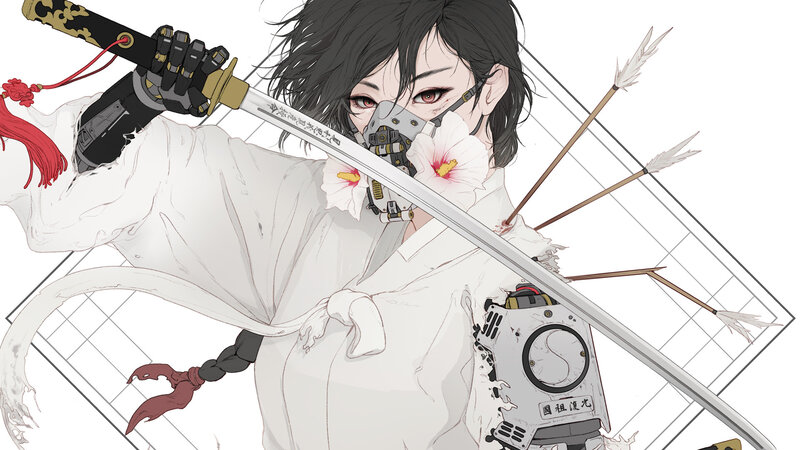 Anime Warrior with Sword — White, Dramatic, Digital Art, Arrows