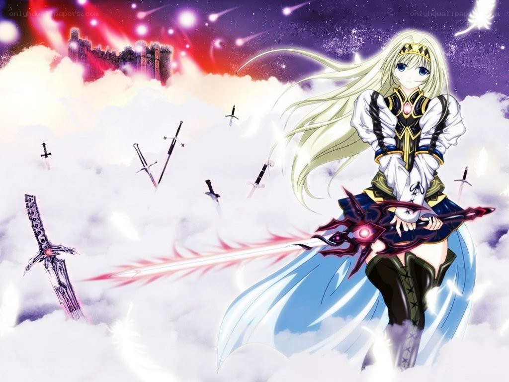 Anime warrior with swords in clouds