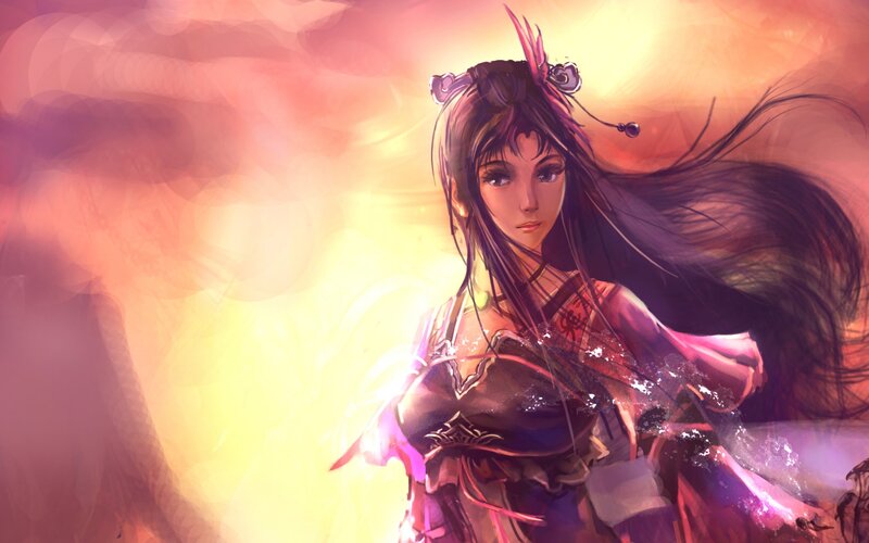 anime warrior woman in sunset