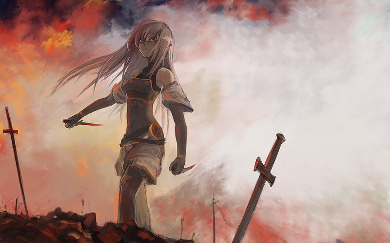 Anime Warrior Woman — Red, Dramatic, Sunset