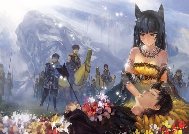 Anime warriors in a mystical landscape