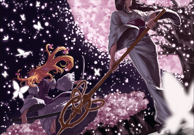 Anime warriors in cherry blossom storm