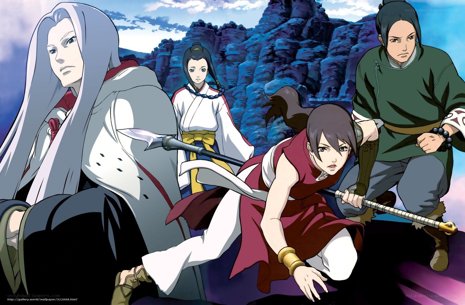 anime warriors in mountain landscape