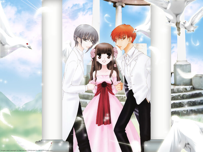 Anime wedding scene with doves