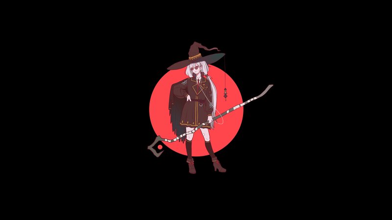 Anime Witch Character — Black, Dramatic, Digital Art, Hat, Staff