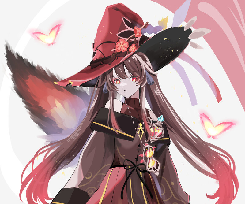 Anime Witch Character — Red, Dramatic, Digital Art, Butterflies