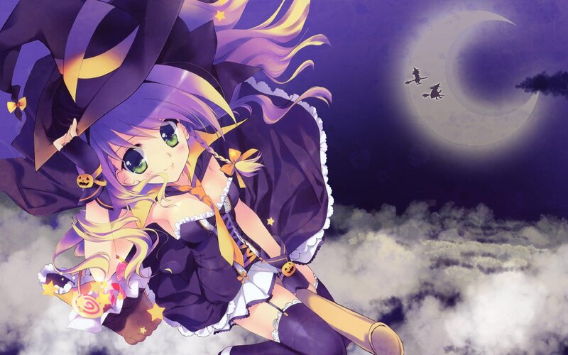 Anime Witch Flying on Broom — Purple