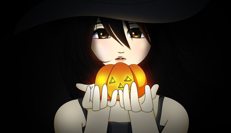 anime witch holding pumpkin