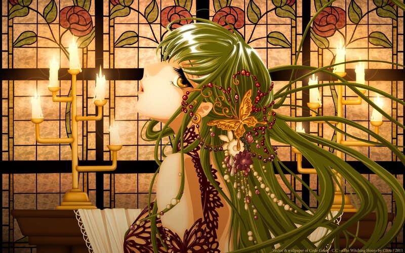 Anime witch in stained glass room