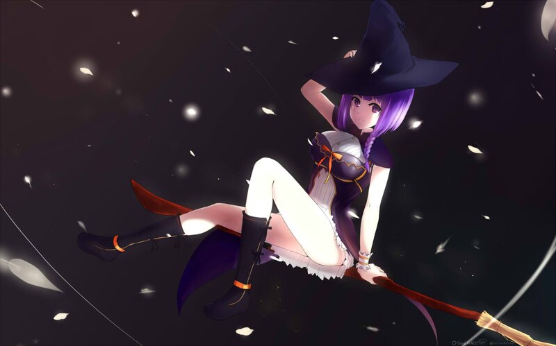 Anime Witch on Broom — Purple, Dramatic, Night