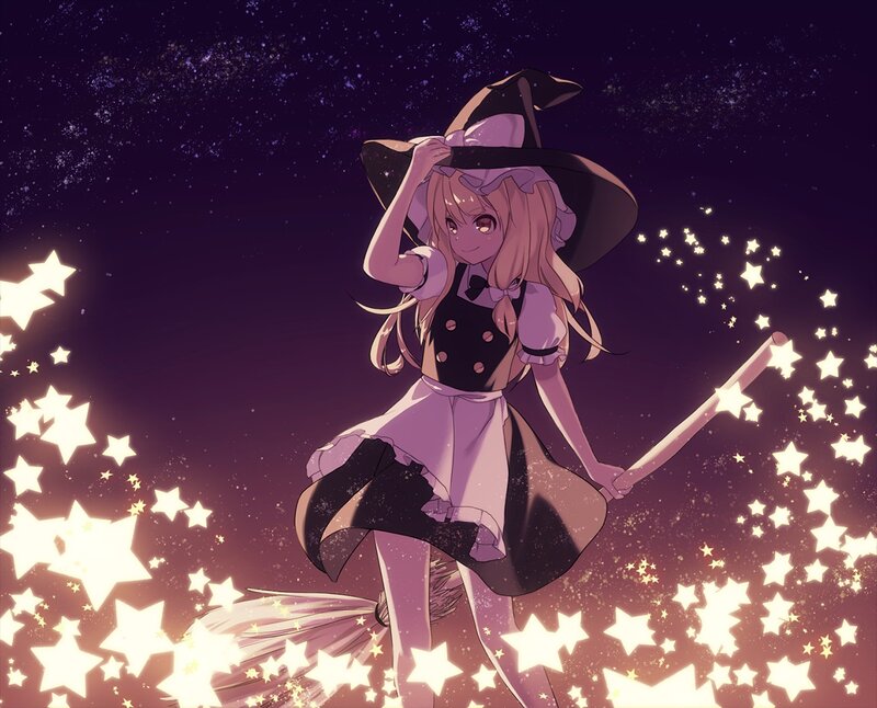 Anime Witch on Broom — Purple, Magical, Night