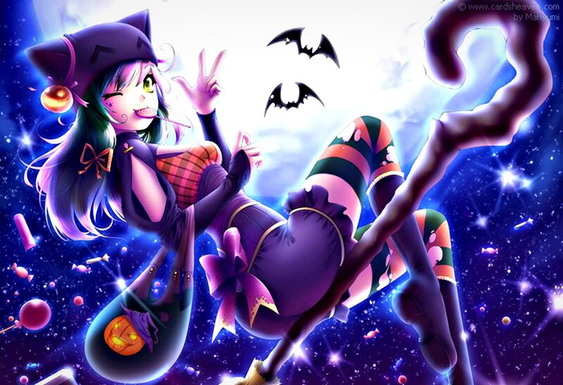 Anime Witch on Broom — Purple, Playful, Night