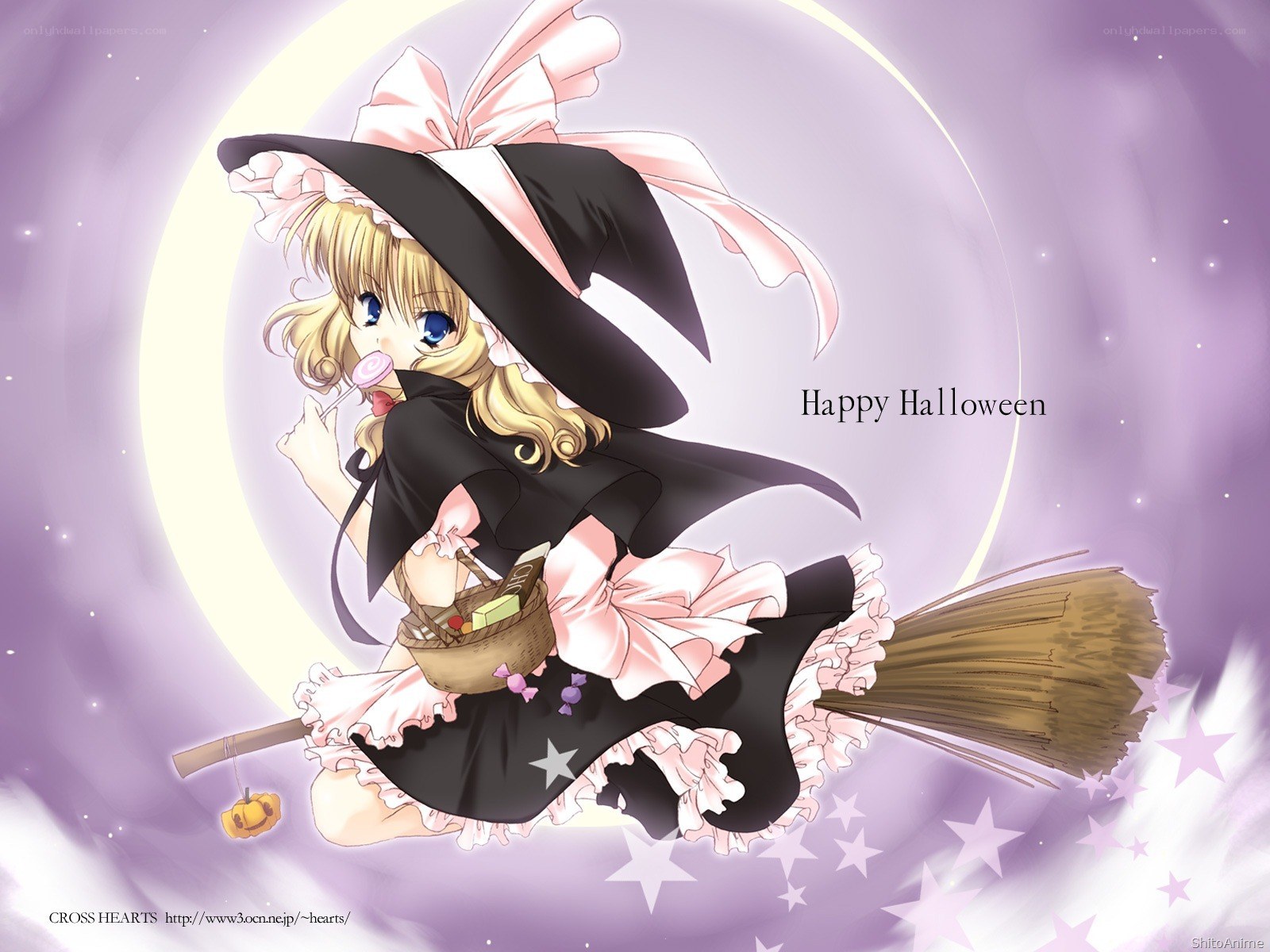 Anime witch on broomstick