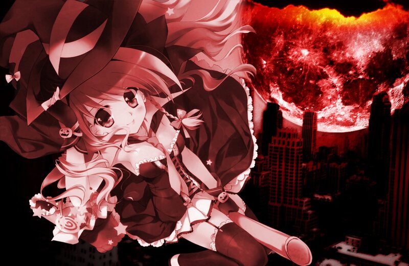 anime witch over city