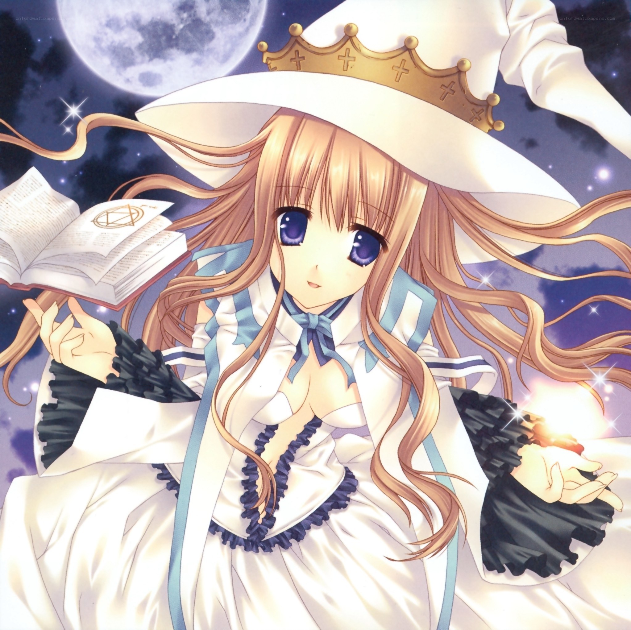 anime witch with book and moon