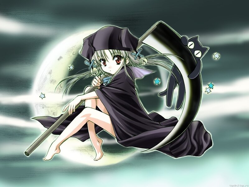 Anime Witch with Broom — Black, Mysterious