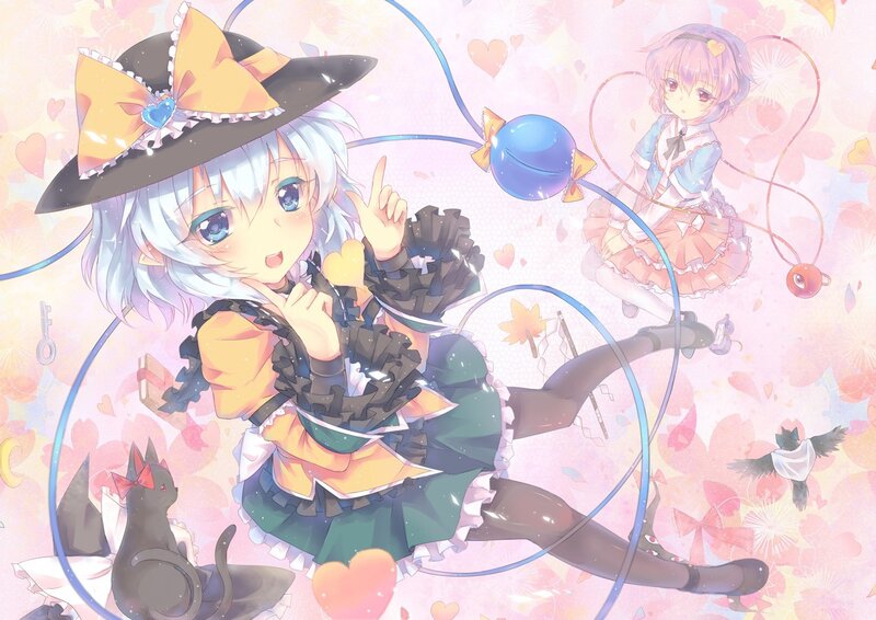 Anime witch with cat and hearts