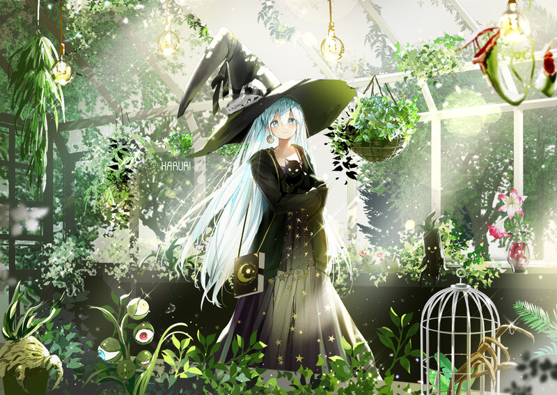 Anime Witch with Cat — Green