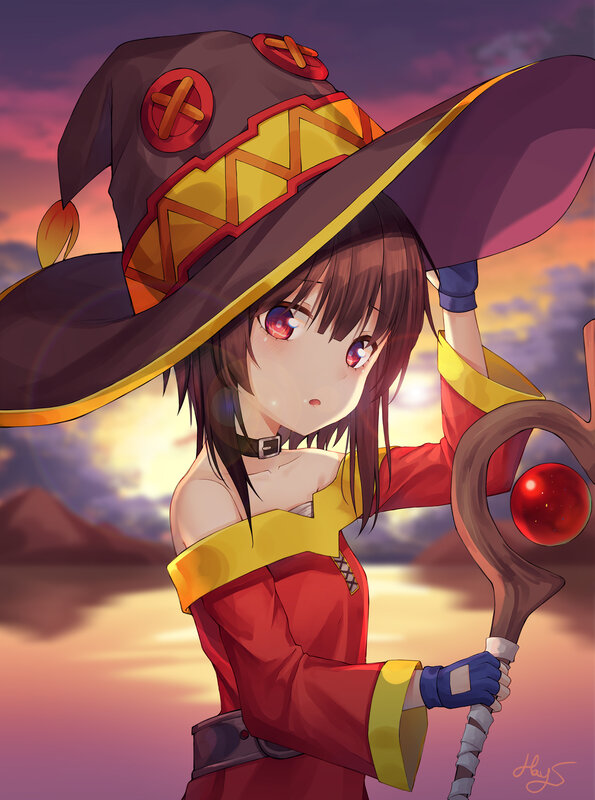 Anime Witch with Staff — Red, Dramatic, Sunset