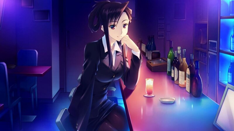anime woman at a bar