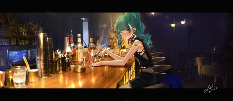 Anime Woman at Bar — Green