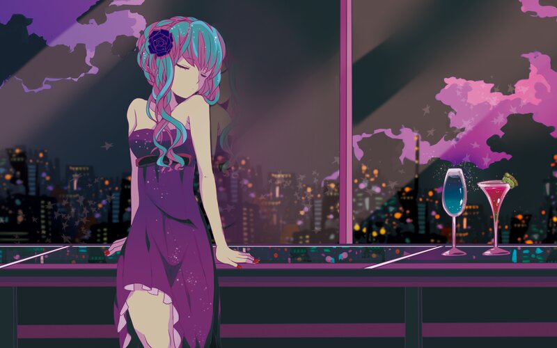 Anime Woman at Bar — Purple, Dramatic, Night