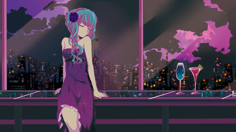 Anime Woman at Bar — Purple, Dramatic