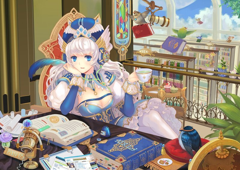 Anime Woman at Desk — Blue, Serene, Afternoon