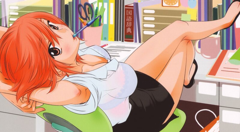 anime woman at desk with pen
