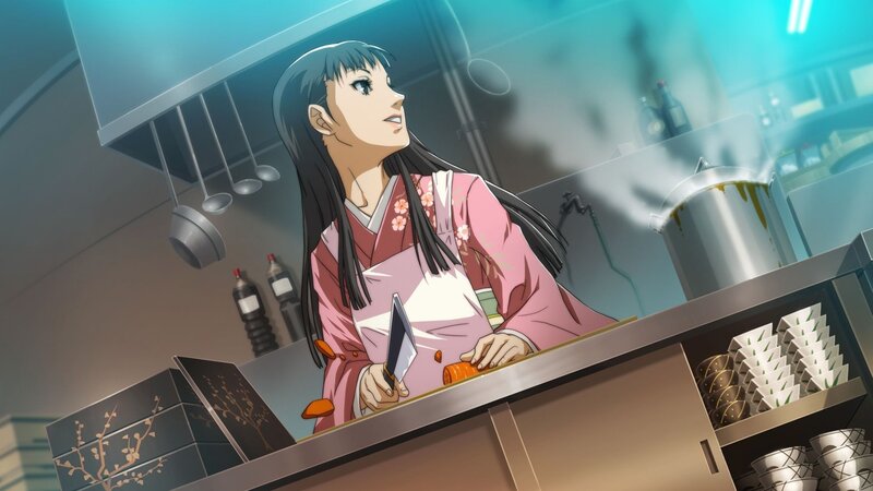 anime woman cooking in kitchen