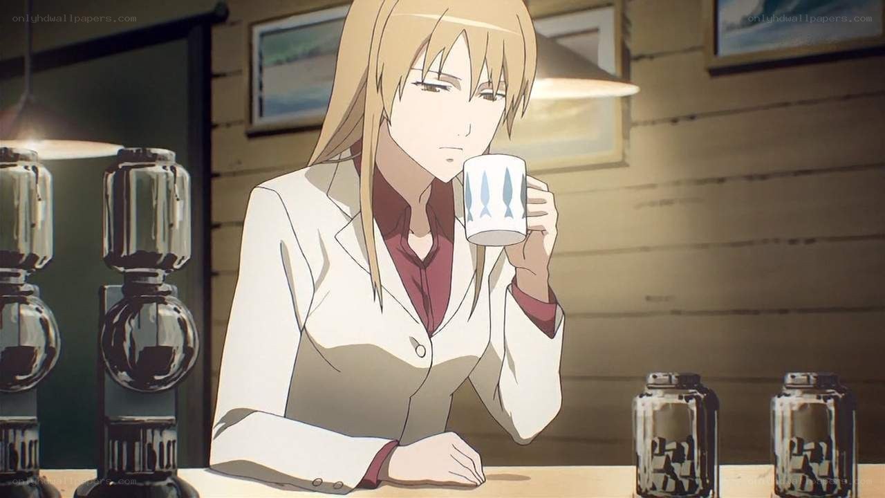 anime woman drinking coffee