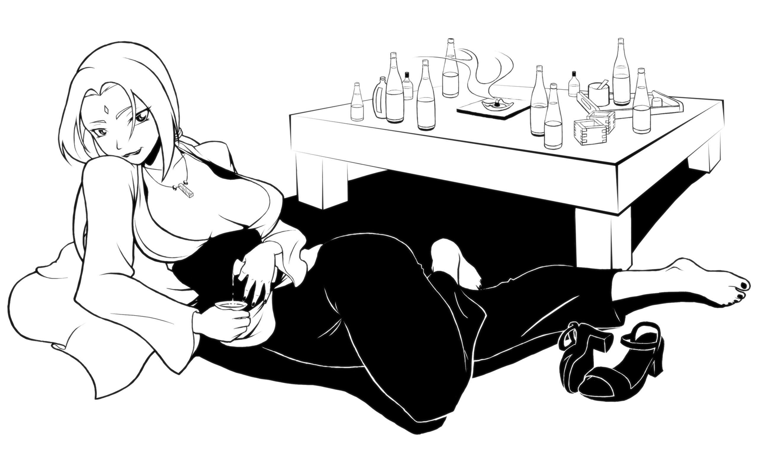 anime woman drinking on floor