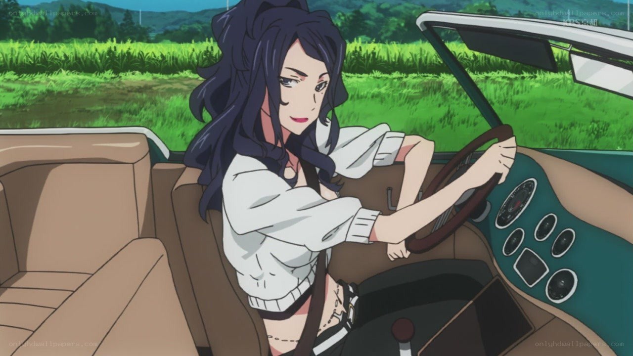 anime woman driving convertible