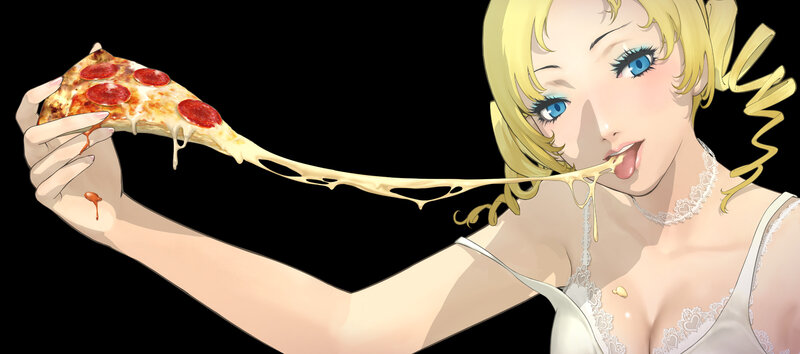 anime woman eating pizza