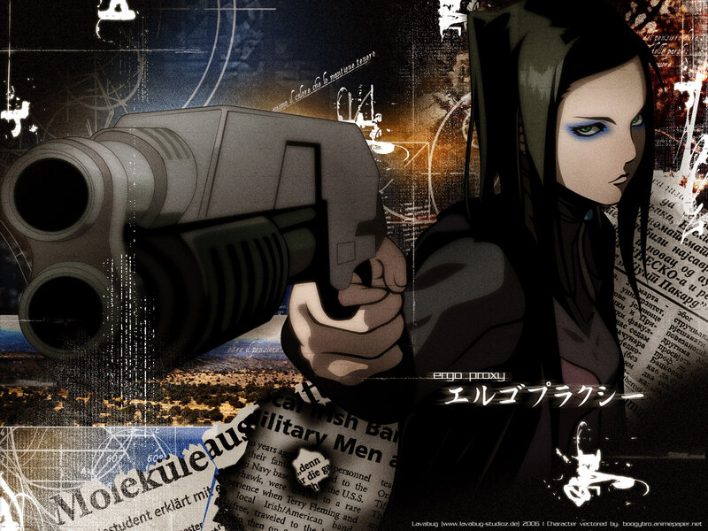 Anime Woman Holding Gun — Black, Dramatic, Newspaper